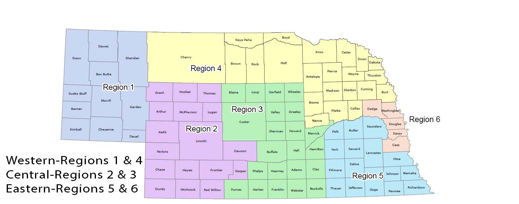 Nebraska map with regions